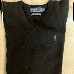 Ralph Lauren Black V-Neck Sweater with Purple Logo